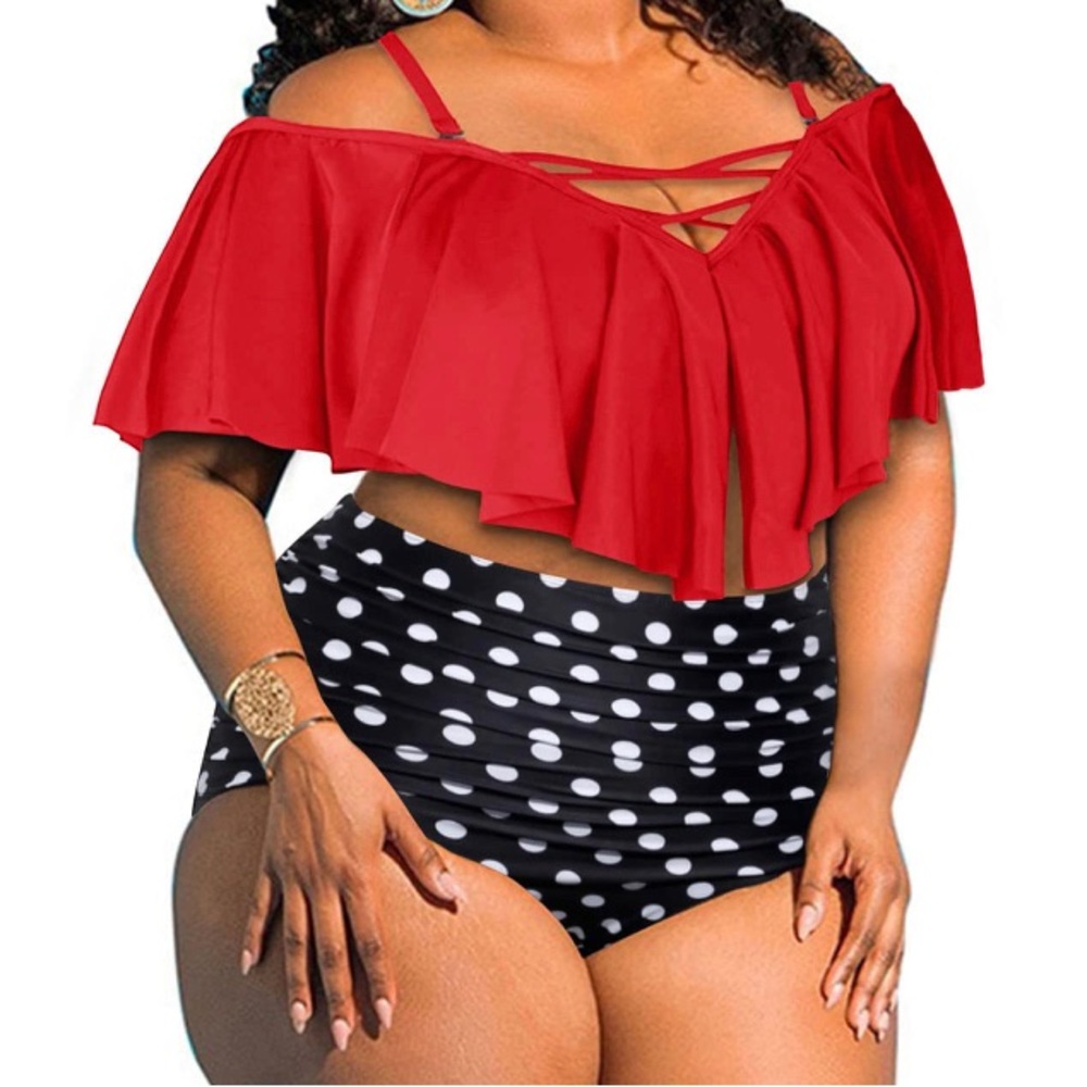 Aqua Eve plus size swimsuit, red top, and polkadot bottoms - Picture 1 of 7